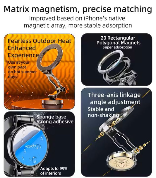 Magnetic Car Phone Mount, 3-Axis Stabilization, MagSafe Compatible Dashboard Holder, Zinc Alloy Construction