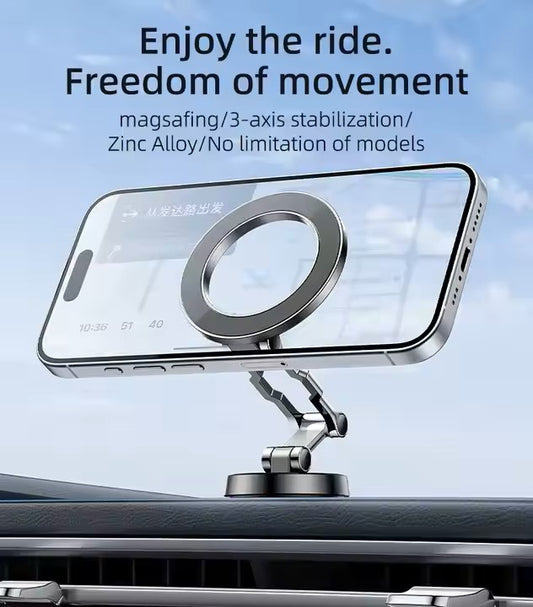 Magnetic Car Phone Mount, 3-Axis Stabilization, MagSafe Compatible Dashboard Holder, Zinc Alloy Construction