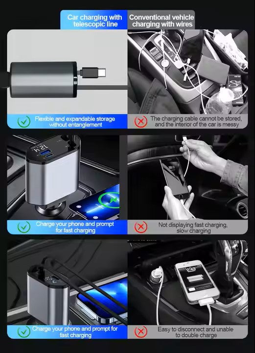 Retractable 4 in 1 Type-C Lighting Car Charger